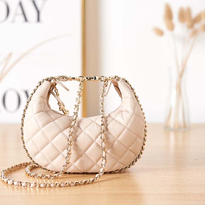 Chanel Women CC Small Hobo Bag Lambskin Shiny Light Gold Metal Ecru