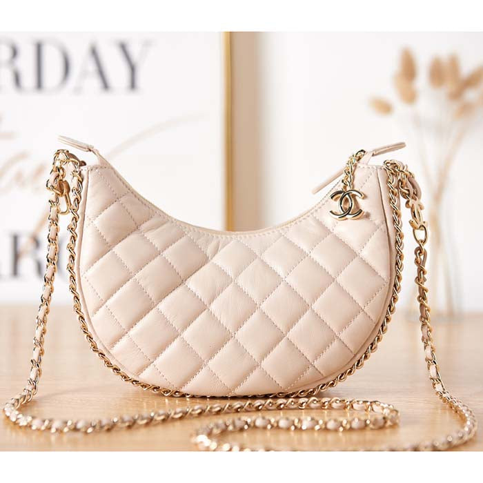 Chanel Women CC Small Hobo Bag Lambskin Shiny Light Gold Metal Ecru