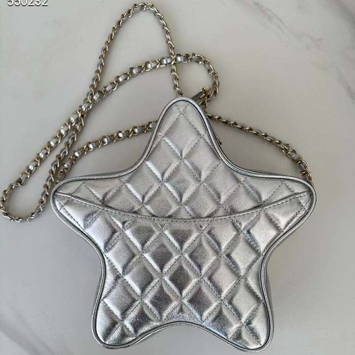 Chanel Women CC Star Handbag Metallic Lambskin Gold-Tone Metal Silver