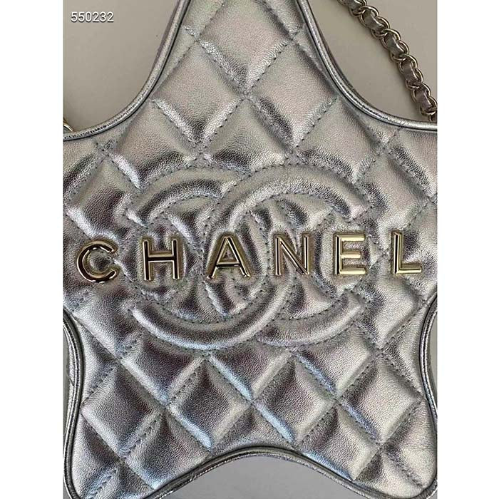 Chanel Women CC Star Handbag Metallic Lambskin Gold-Tone Metal Silver