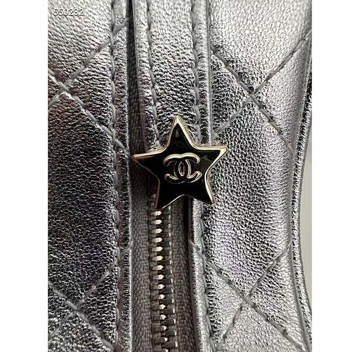 Chanel Women CC Star Handbag Metallic Lambskin Gold-Tone Metal Silver