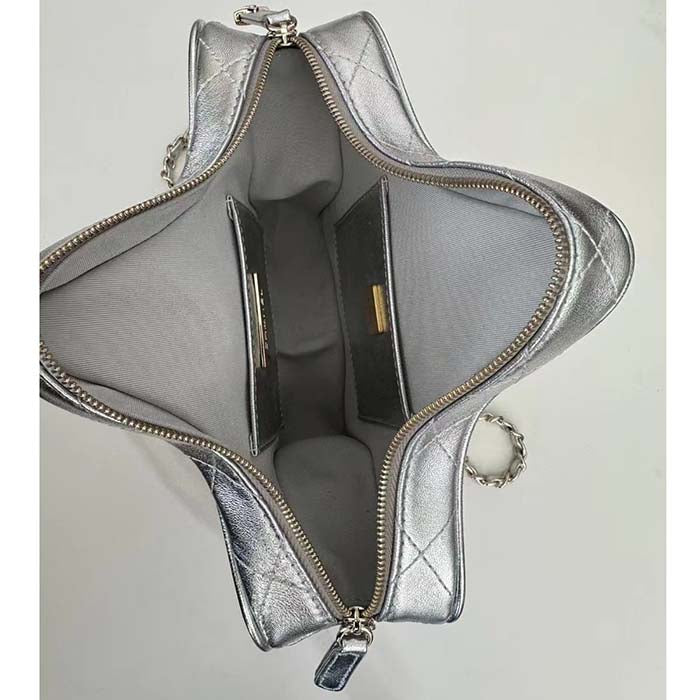 Chanel Women CC Star Handbag Metallic Lambskin Gold-Tone Metal Silver