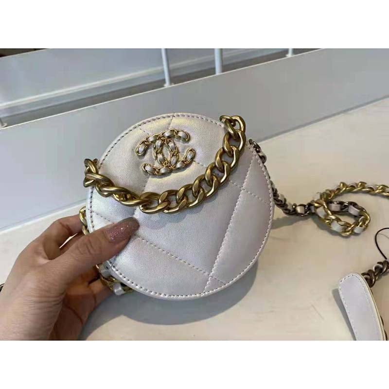 Chanel Women Chanel 19 Clutch with Chain Lambskin Gold Silver-Tone Ruthenium White