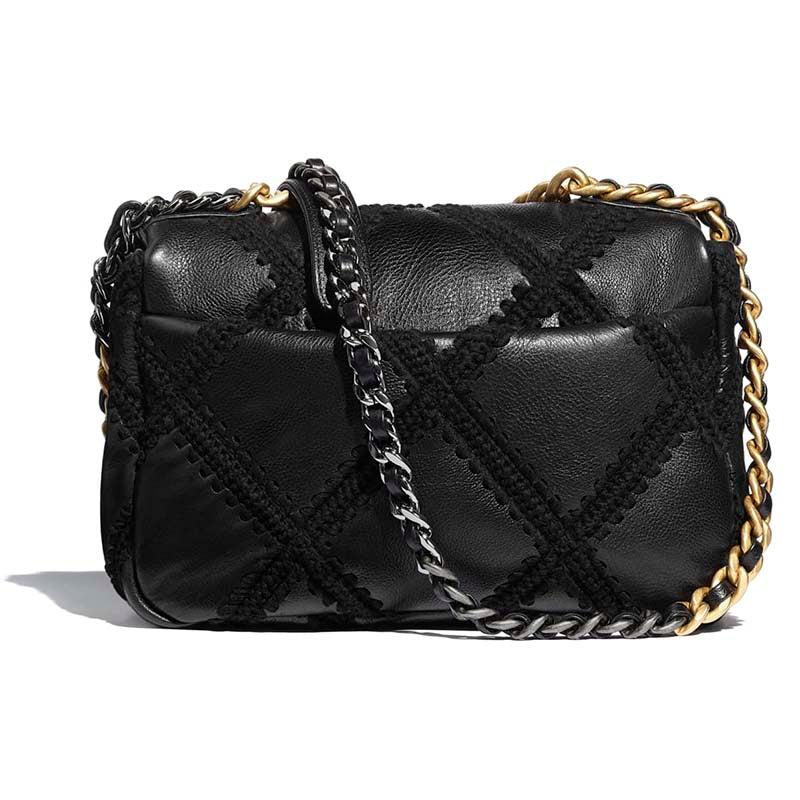 Chanel Women Chanel 19 Flap Bag Calfskin Crochet Gold Silver-Tone & Ruthenium-Finish Metal Black