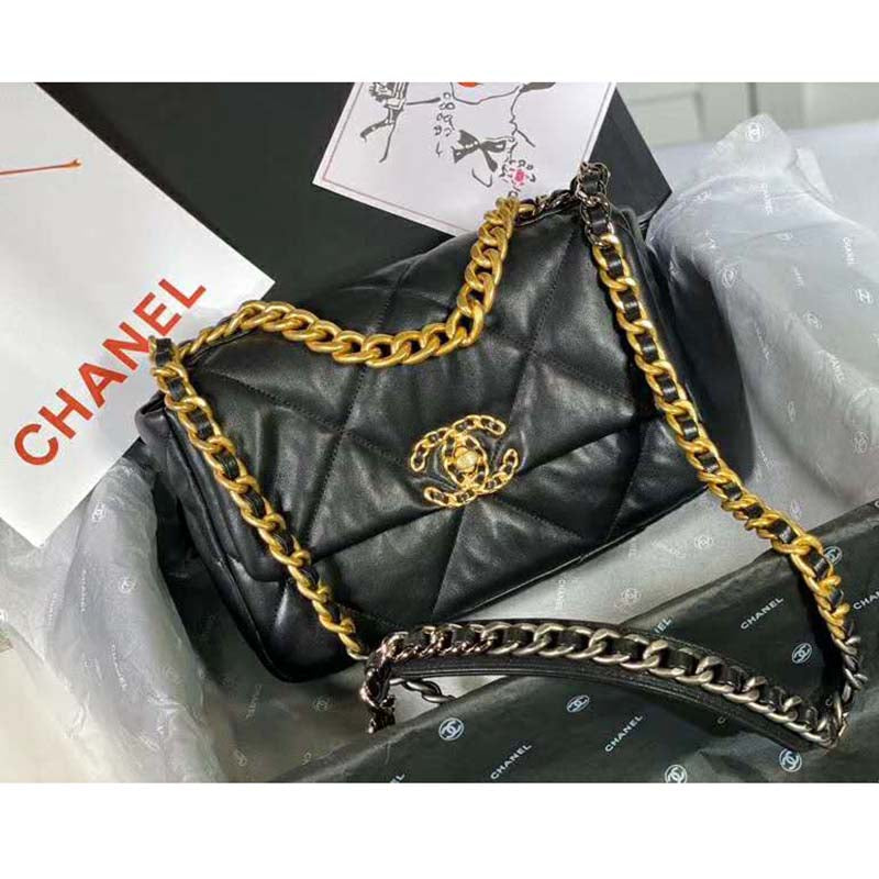 Chanel Women Chanel 19 Flap Bag in Goatskin Leather-Black