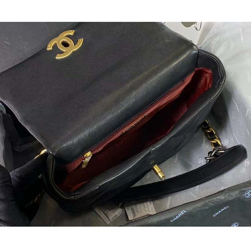 Chanel Women Chanel 19 Flap Bag in Goatskin Leather-Black