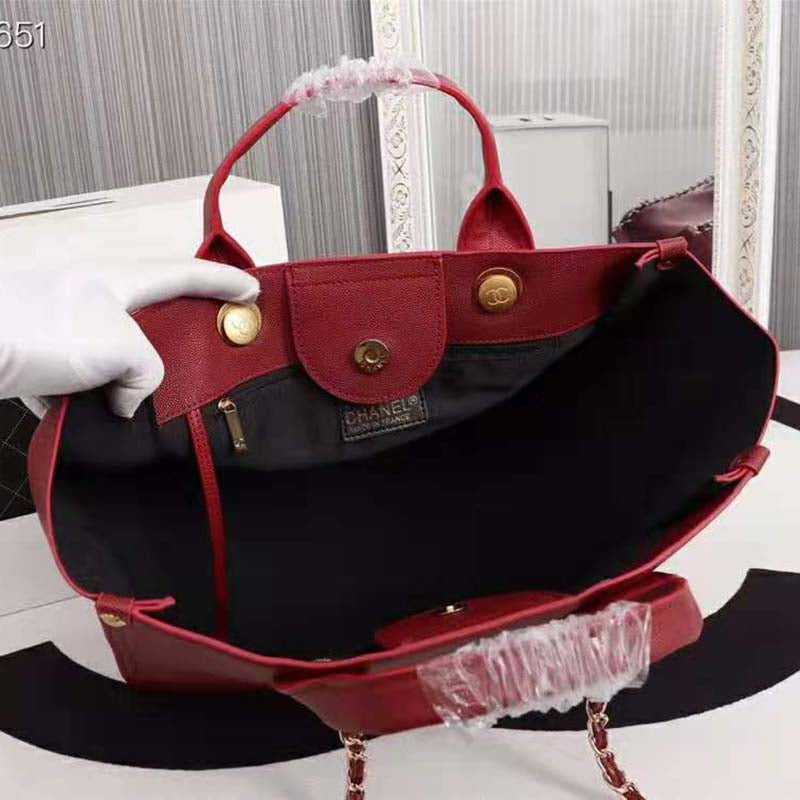 Chanel Women Chanel’s Large Tote Shopping Bag in Grained Calfskin Leather-Red