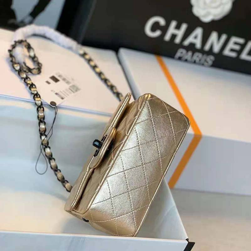 Chanel Women Classic Handbag Metallic Lambskin Black Metal Gold