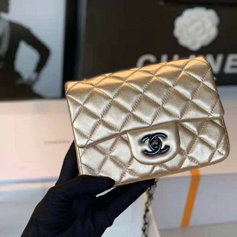 Chanel Women Classic Handbag Metallic Lambskin Black Metal Gold