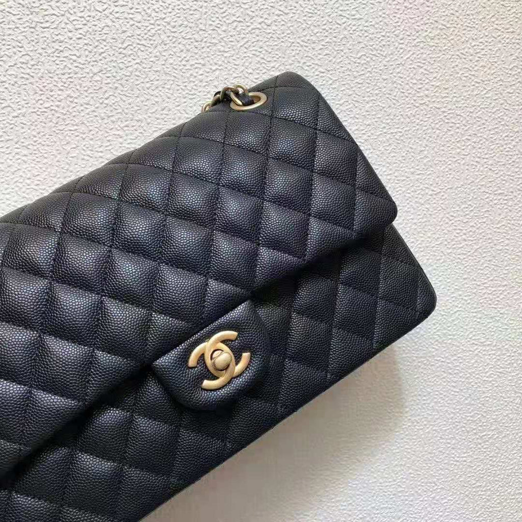 Chanel Women Classic Handbag in Grained Calfskin Leather-Black