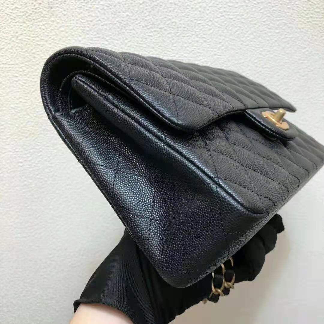 Chanel Women Classic Handbag in Grained Calfskin Leather-Black