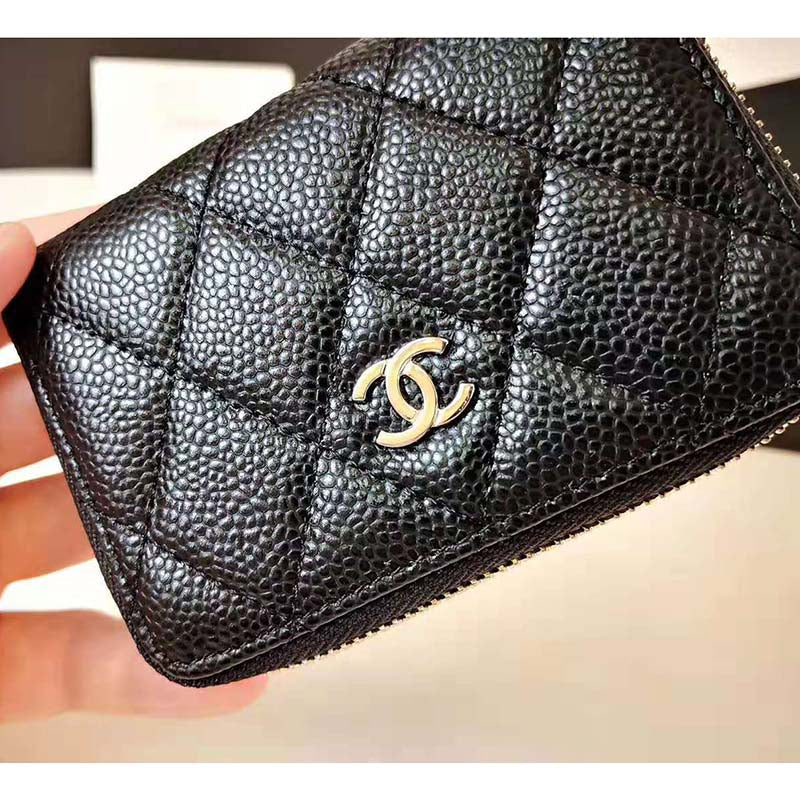 Chanel Women Classic Zipped Coin Purse in Grained Calfskin & Silver-Tone Metal-Black