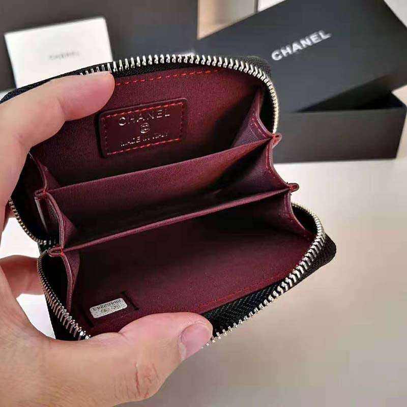 Chanel Women Classic Zipped Coin Purse in Grained Calfskin & Silver-Tone Metal-Black
