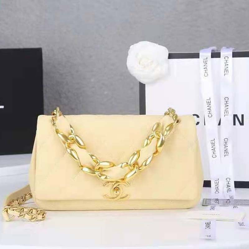 Chanel Women Flap Bag Shiny Lambskin & Gold-Tone Metal Yellow