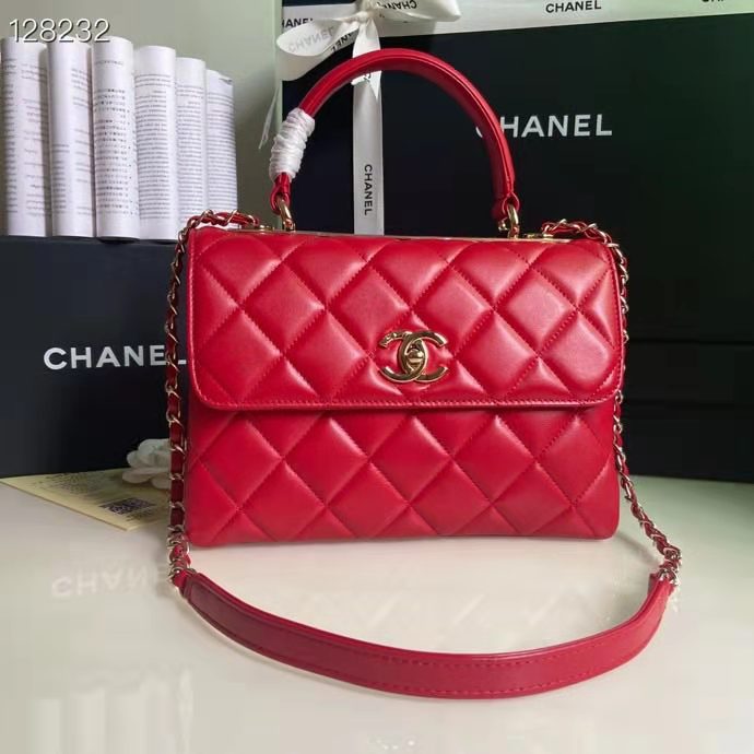 Chanel Women Flap Bag Top Handle Smooth Calfskin Gold-Tone Metal Red