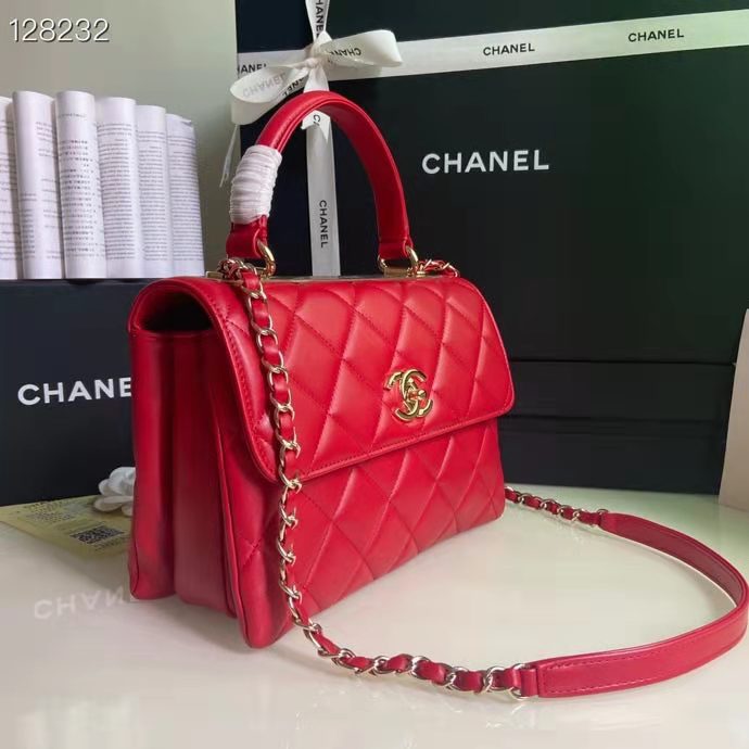 Chanel Women Flap Bag Top Handle Smooth Calfskin Gold-Tone Metal Red