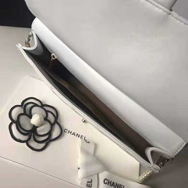 Chanel Women Flap Bag White Ringer Pearl in Goatskin Leather