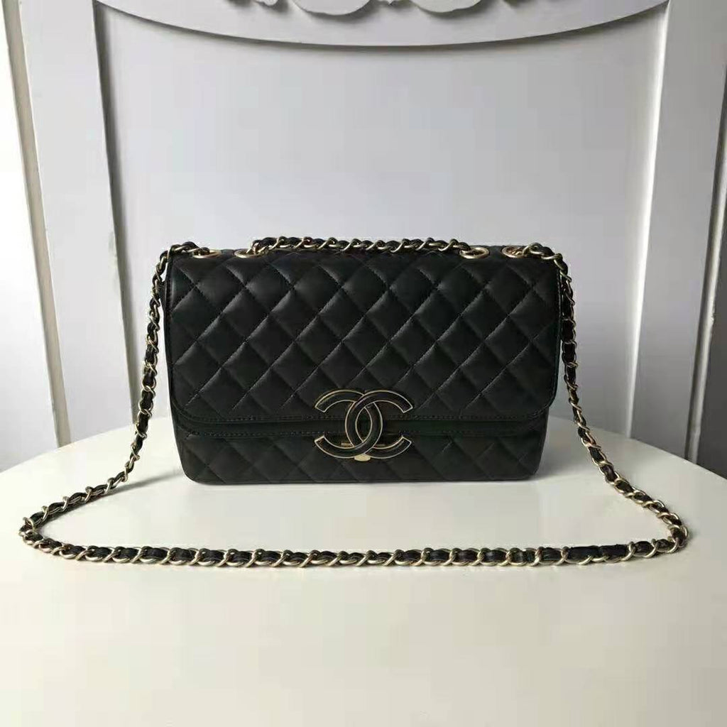 Chanel Women Flap Bag in Metallic Lambskin Leather-Black