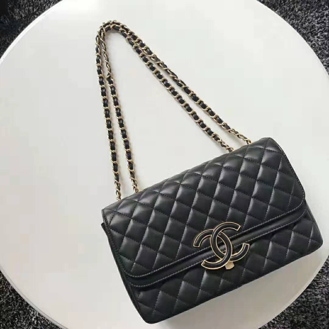Chanel Women Flap Bag in Metallic Lambskin Leather-Black