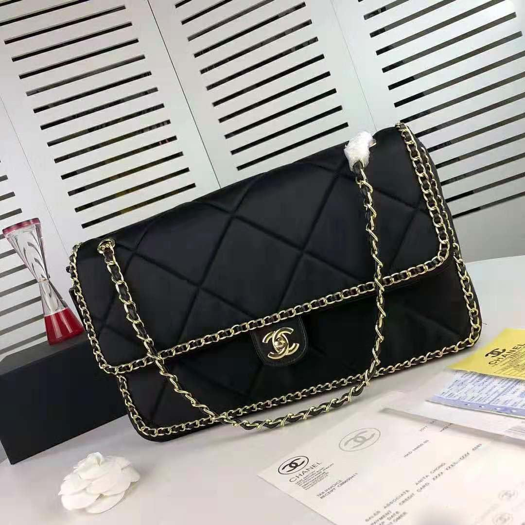 Chanel Women Flap Bag in Satin Leather-Black