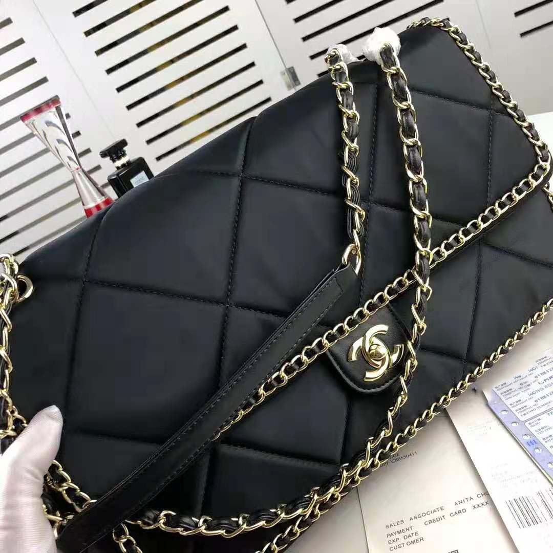 Chanel Women Flap Bag in Satin Leather-Black