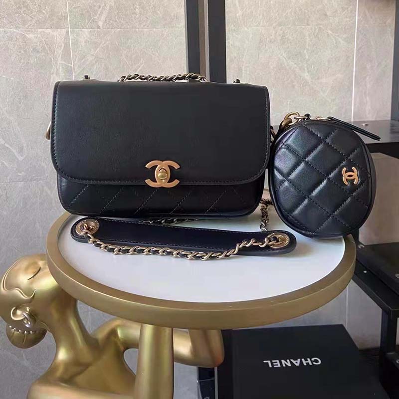 Chanel Women Flap Bag with Pocket Accessories Calfskin Leather-Black