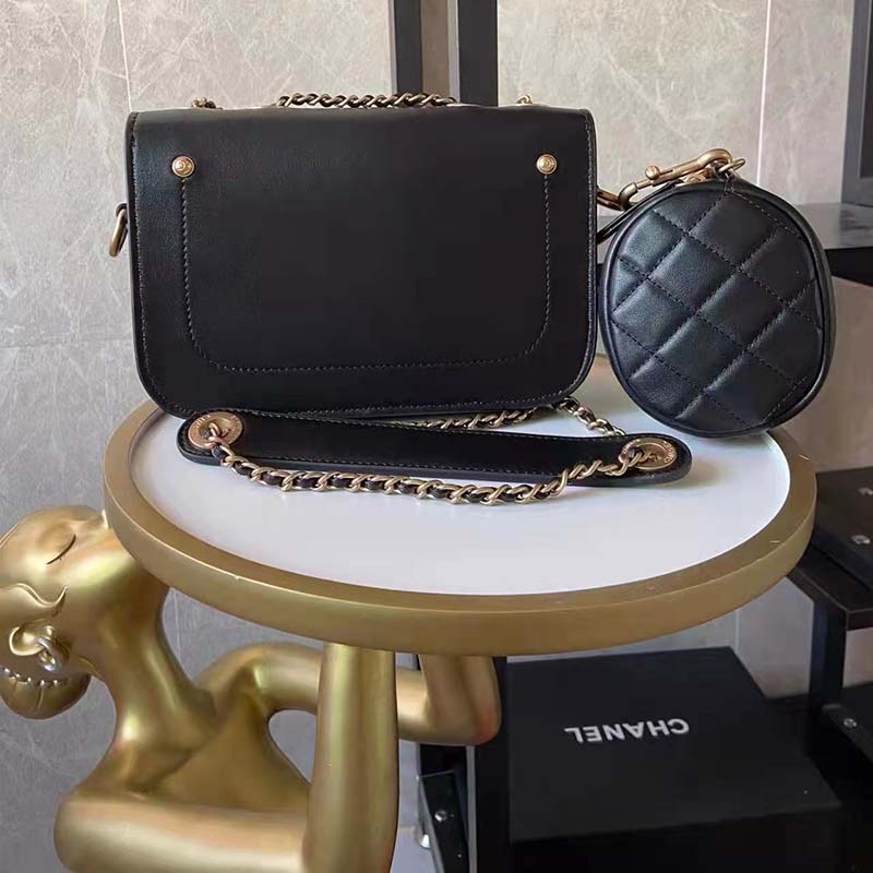Chanel Women Flap Bag with Pocket Accessories Calfskin Leather-Black