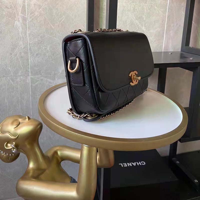 Chanel Women Flap Bag with Pocket Accessories Calfskin Leather-Black