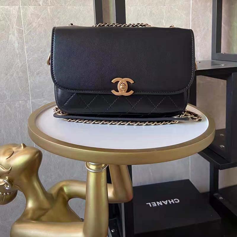 Chanel Women Flap Bag with Pocket Accessories Calfskin Leather-Black