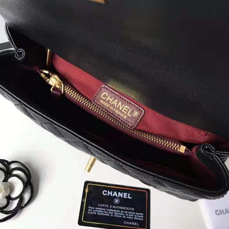 Chanel Women Flap Bag with Top Handle in Grained Calfskin Leather-Black
