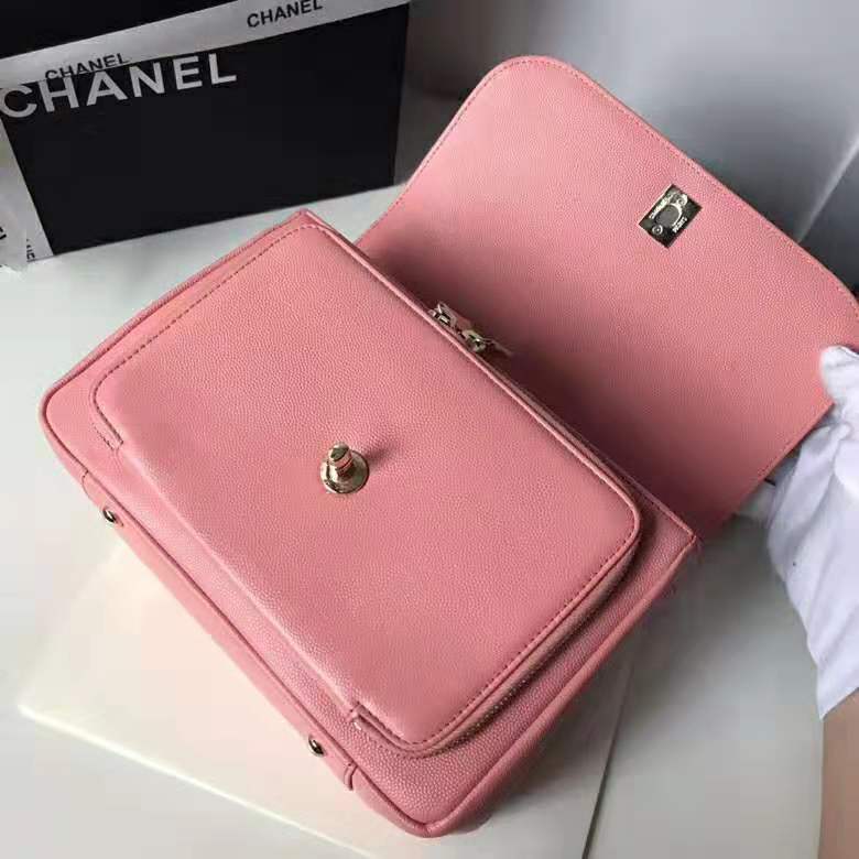 Chanel Women Flap Bag with Top Handle in Grained Calfskin Leather-Pink