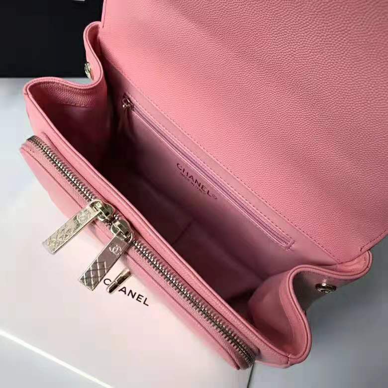Chanel Women Flap Bag with Top Handle in Grained Calfskin Leather-Pink