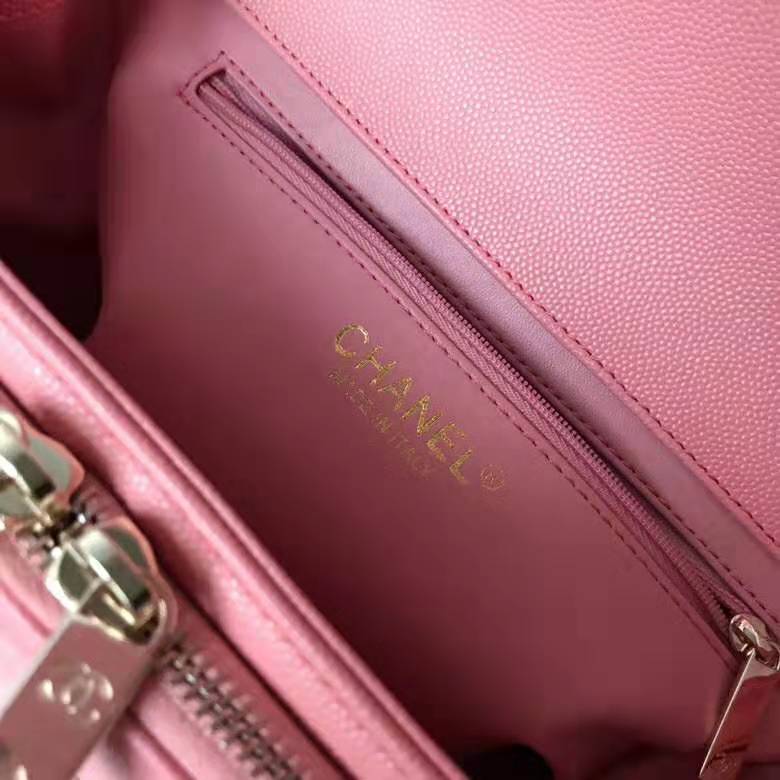 Chanel Women Flap Bag with Top Handle in Grained Calfskin Leather-Pink