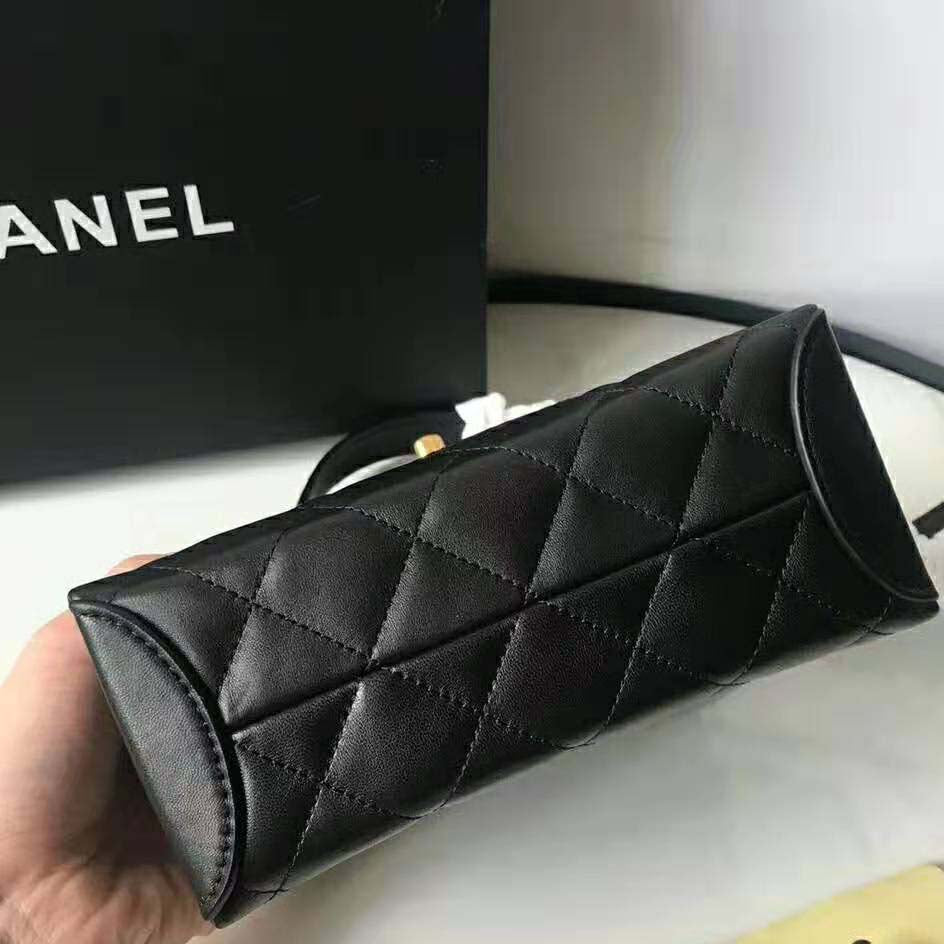 Chanel Women Flap Bag with Top Handle in Lambskin Leather-Black