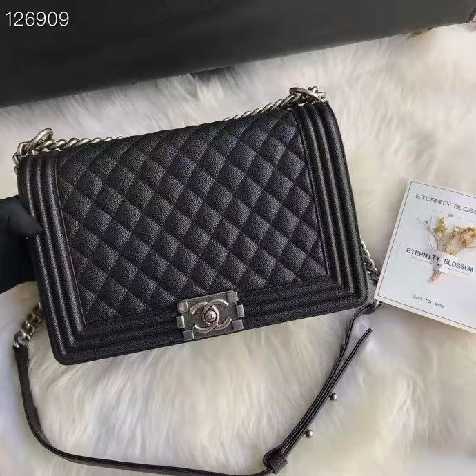 Chanel Women Large Boy Chanel Handbag in Calfskin Leather-Black
