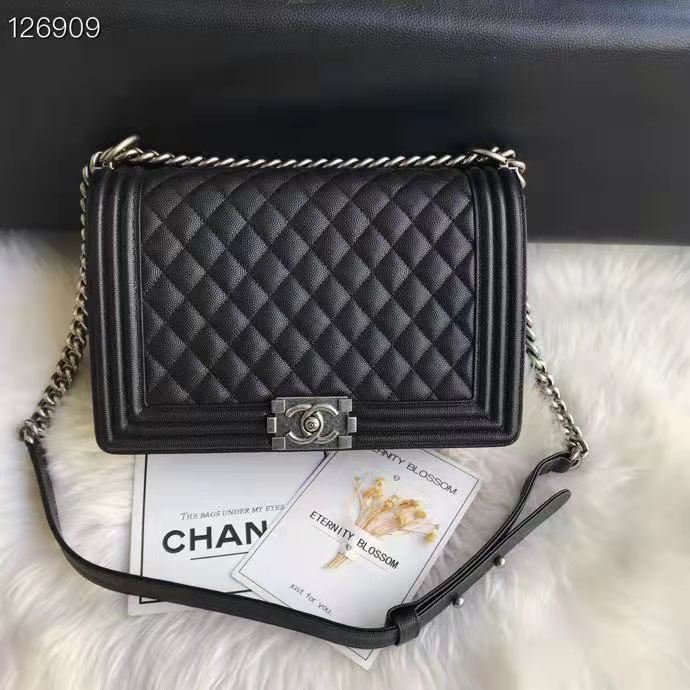 Chanel Women Large Boy Chanel Handbag in Calfskin Leather-Black