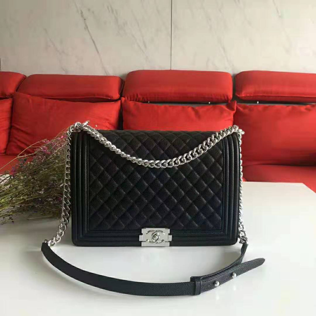 Chanel Women Large Boy Chanel Handbag in Calfskin Leather-Black