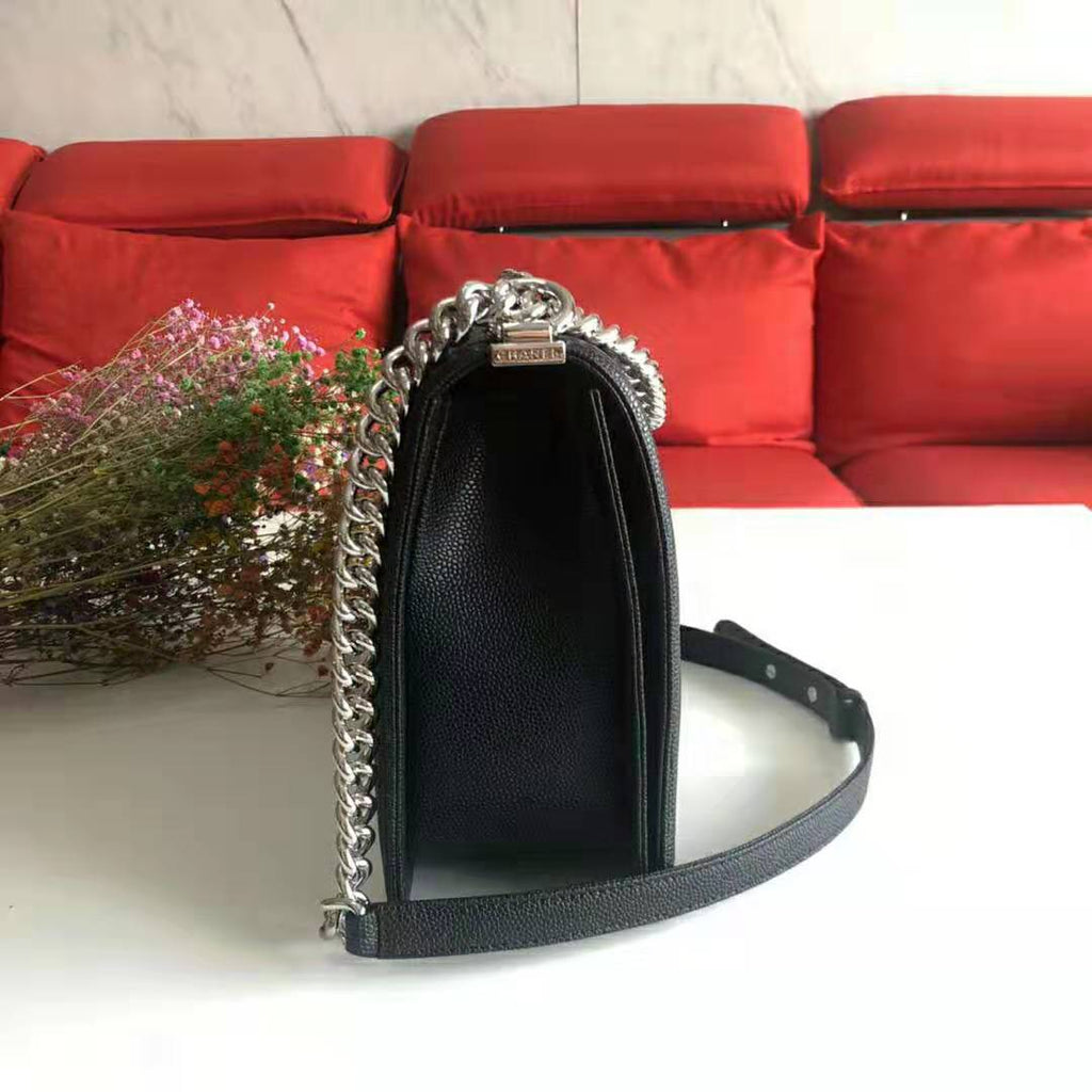 Chanel Women Large Boy Chanel Handbag in Calfskin Leather-Black