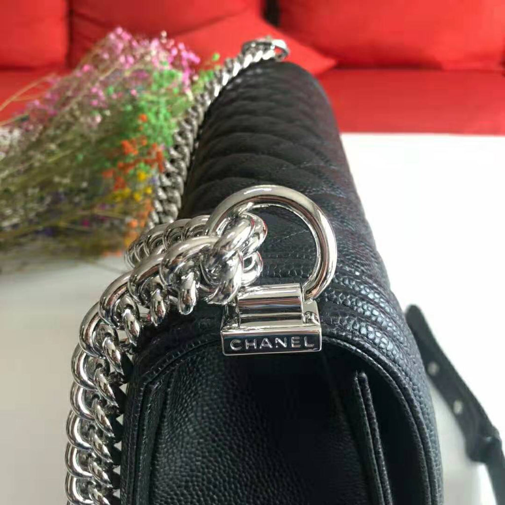 Chanel Women Large Boy Chanel Handbag in Calfskin Leather-Black