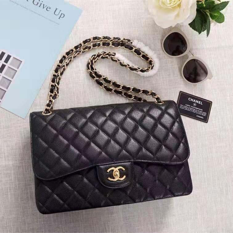 Chanel Women Large Classic Handbag in Grained Calfskin Leather-Black
