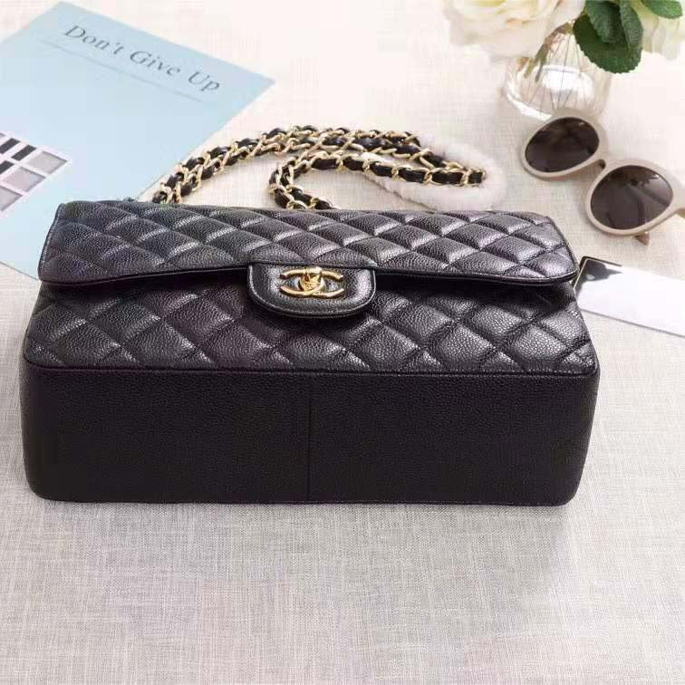 Chanel Women Large Classic Handbag in Grained Calfskin Leather-Black