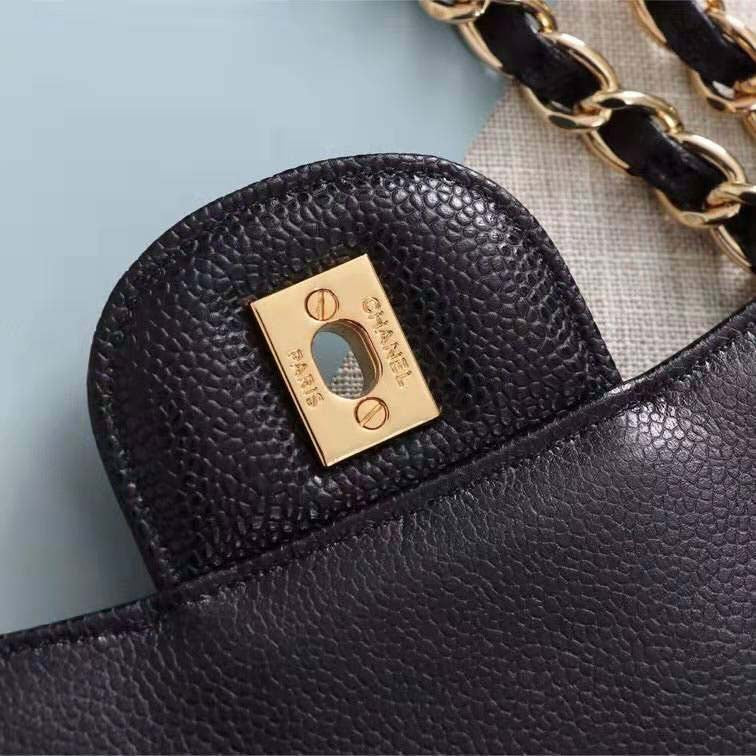 Chanel Women Large Classic Handbag in Grained Calfskin Leather-Black