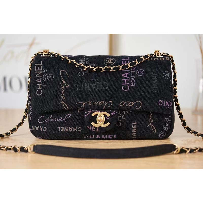 Chanel Women Large Flap Bag Printed Denim Gold-Tone Metal Black Multicolor