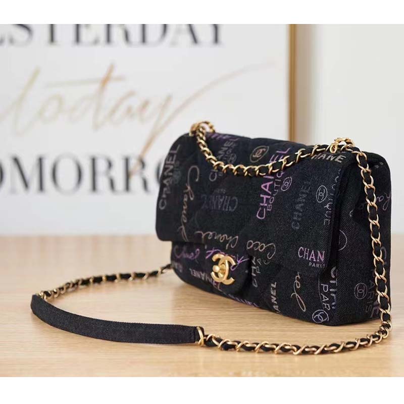 Chanel Women Large Flap Bag Printed Denim Gold-Tone Metal Black Multicolor