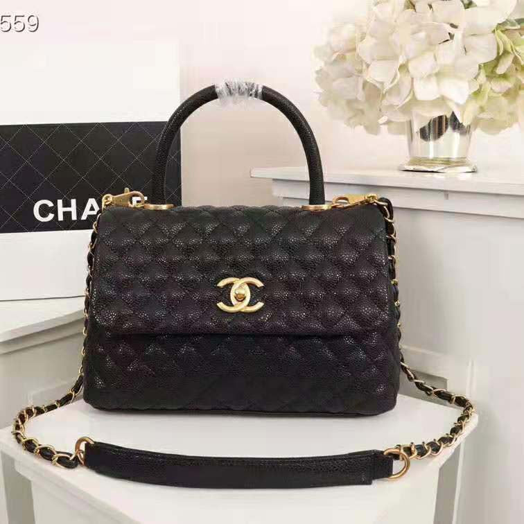 Chanel Women Large Flap Bag with Top Handle in Grained Calfskin Leather-Black