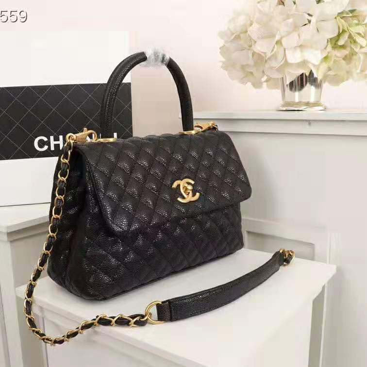 Chanel Women Large Flap Bag with Top Handle in Grained Calfskin Leather-Black