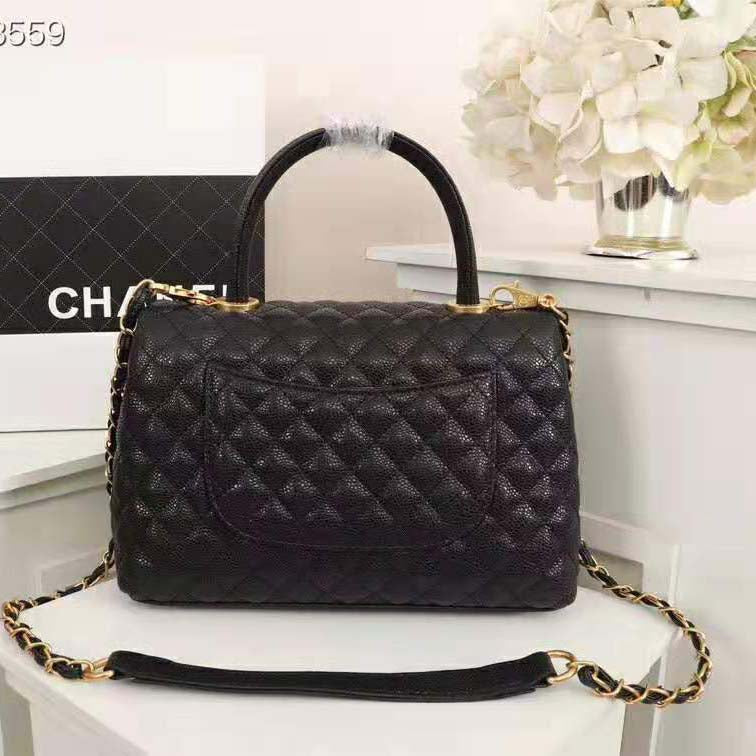 Chanel Women Large Flap Bag with Top Handle in Grained Calfskin Leather-Black