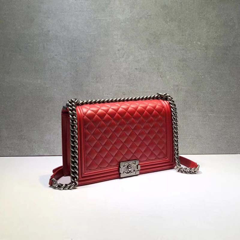 Chanel Women Large Leboy Flap Bag with Chain in Calfskin Leather-Red
