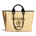 Chanel Women Large Shopping Bag Straw Calfskin & Gold-Tone Metal Beige & Black