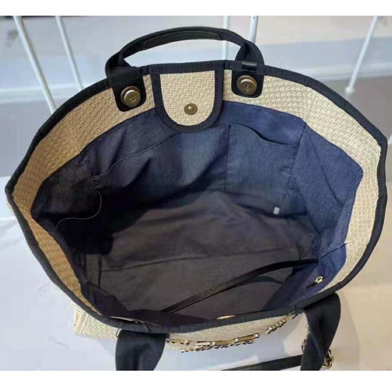 Chanel Women Large Shopping Bag Straw Calfskin & Gold-Tone Metal Beige & Black